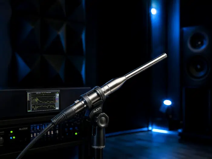 Studio condenser microphone used for acoustic tuning and room calibration in a recording studio
